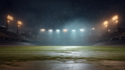 Empty football stadium field at night with heavy rain under bright spotlights. Dramatic sports arena scene for game and event.