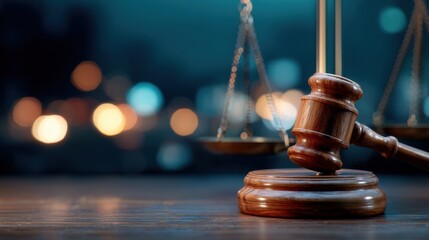 Wooden gavel and scales of justice, representing law enforcement and legal system. Symbol of auction, judgment, and court for justice.