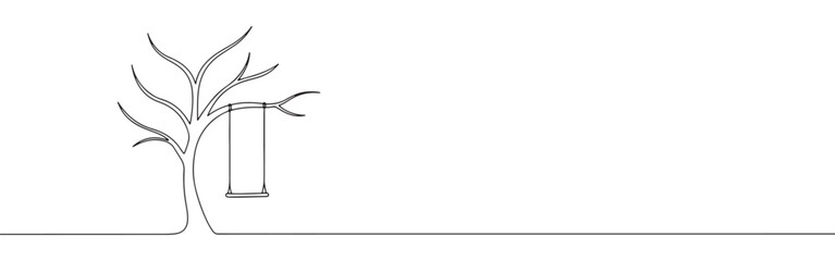 Minimalist continuous line art of a tree with a swing, evoking childhood memories and tranquility.