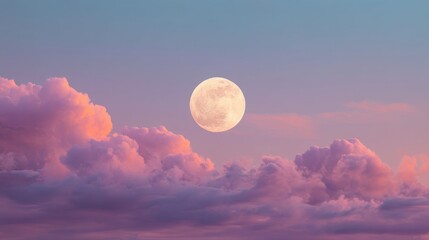 Fototapeta premium Full moon shining above dramatic pink and purple clouds at sunset. Celestial body with atmospheric phenomenon and natural beauty landscape.