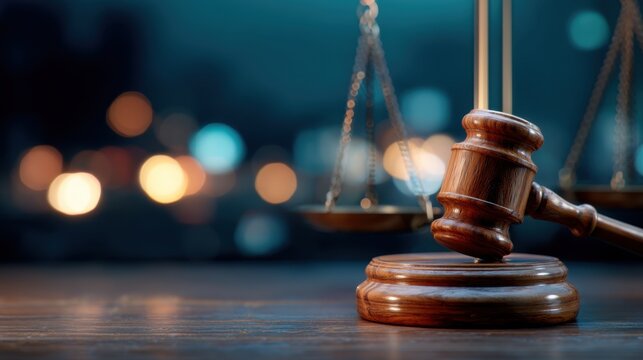 Wooden gavel and scales of justice, representing law enforcement and legal system. Symbol of auction, judgment, and court for justice.