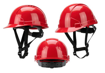 Three red hard hats for safety and construction isolated on transparent background