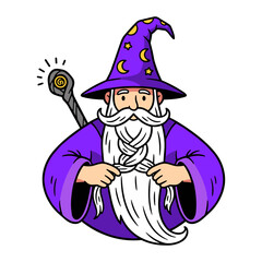 cartoon wizard braiding his long white beard funny illustration