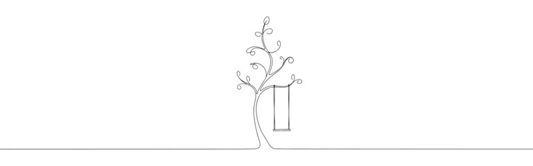 Minimalist continuous line art of a tree with a swing, evoking childhood memories and tranquility.