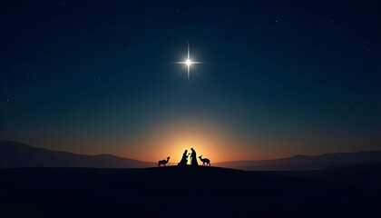 Nativity scene silhouette under a bright star and desert night sky.