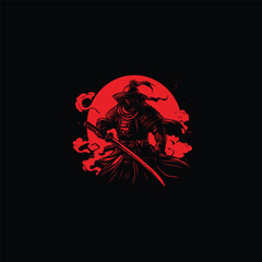 Dark and dramatic illustration of a hidden Samurai warrior holding a katana, enveloped in smoke or mist against a vibrant red sun and black background