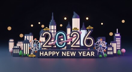 Naklejka premium Vibrant cityscape with glowing 2026 numbers and festive 'Happy New Year' message, perfect for holiday celebrations and event promotions