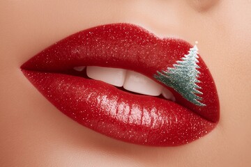 Obraz premium Close up of female model's lips adorned with festive glittery red lipstick and a delicate Christmas tree design, showcasing beauty and holiday spirit in vibrant detail