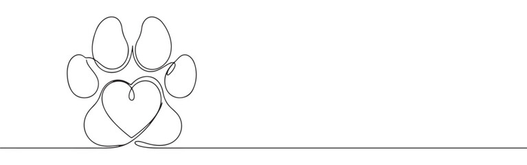 Continuous one-line drawing of a paw print with a heart integrated into its design, symbolizing love for pets, animal care, and companionship in a minimalist style. © drawing lines