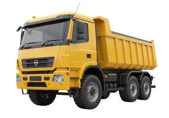 Isolated yellow dump truck viewed from low angle, a construction vehicle for heavy work and hauling