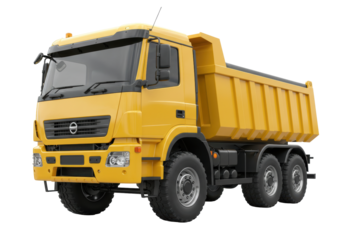 Isolated yellow dump truck viewed from low angle, a construction vehicle for heavy work and hauling