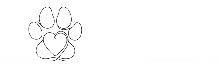 Continuous one-line drawing of a paw print with a heart integrated into its design, symbolizing love for pets, animal care, and companionship in a minimalist style. © drawing lines