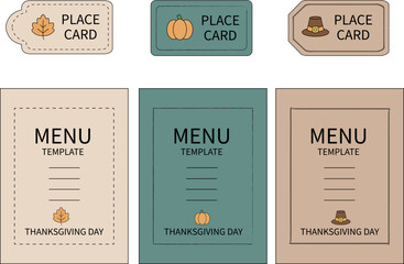 Printable Thanksgiving set with three menu templates and varied place cards featuring stitched-look borders. Clean, editable vectors plus print-ready PDFs and high-res PNGs for cozy events.