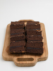 Chocolate cake or chocolate steamed brownie on white background