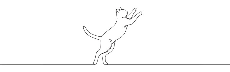Minimalist continuous line art of a cat standing on hind legs with paws raised, in a playful pose.