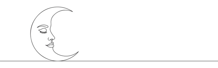 Continuous one-line drawing of a crescent moon with a serene human face, symbolizing dreams, mystery, night, and femininity in a minimalist and artistic style.