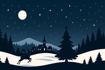 a serene winter night scene with a deer, village, and illuminated sky