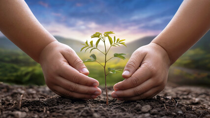 Close-up of hands planting young green sapling in soil for nature care and growth
