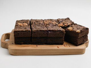 Chocolate cake or chocolate steamed brownie on white background