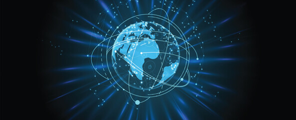 Futuristic science and technology header with interconnected molecular structures and light pulses