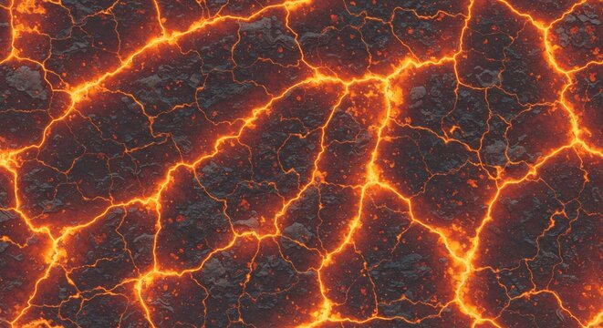 Molten lava with glowing orange cracks within a dark rocky surface