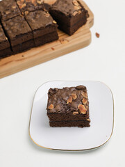 Chocolate cake or chocolate steamed brownie on white background
