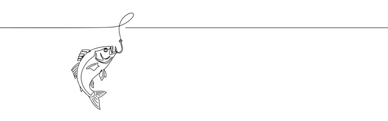 Minimalist continuous line art of a fish caught on a fishing hook, depicting the moment of capture.