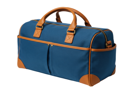 Isolated duffel bag, blue canvas bag with brown leather trim, carry-on luggage, travel gear