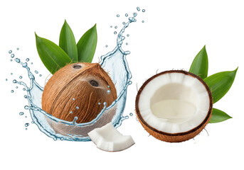 Whole and halved coconut with water splash isolated on transparent background
