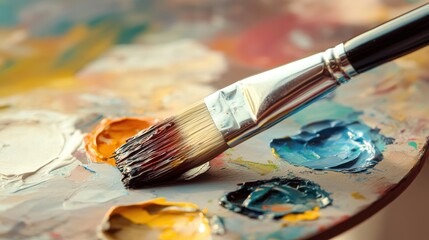 Palette filled with vibrant colors showing a paintbrush ready for artistic creation in a bright studio setting