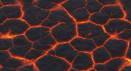 The image depicts a closeup view of cracked dark rock with glowing orangered molten material in the fissures