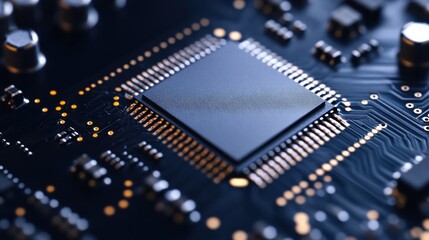 Obraz premium Close view of a microchip on a circuit board showing intricate details of technology and design