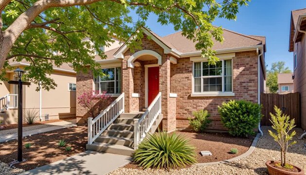 Modern brick house exterior with front steps and red door showcasing residential living and home architecture footage