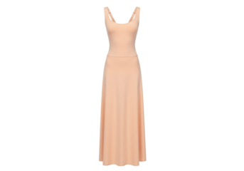 Isolated peach-colored formal dress with tank top straps for special event fashion, full-length