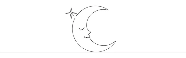 Continuous one-line drawing of a crescent moon with a serene human face, symbolizing dreams, mystery, night, and femininity in a minimalist and artistic style.