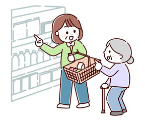 シニア女性の買い物に付き添う女性