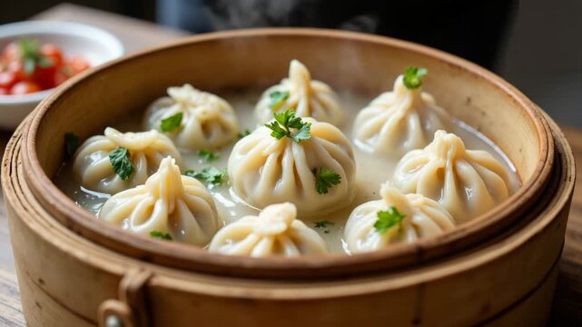 Appetizing steamed momo dumplings ready to eat in bamboo steamer with savory soup for traditional asian cuisine video