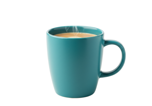 Isolated turquoise coffee mug filled with steaming beverage for refreshment, break time