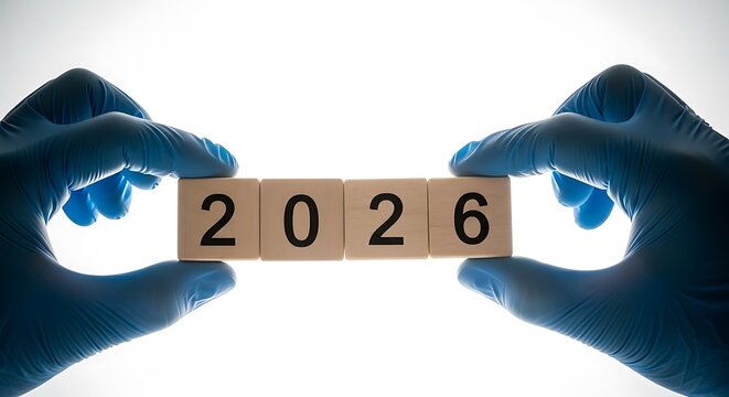 Hands holding wooden blocks displaying the year 2026, future concept.