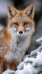 Obraz premium Stunning red fox portrait in a winter wonderland, showcasing its beauty amidst falling snowflakes.