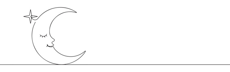 Obraz premium Continuous one-line drawing of a crescent moon with a serene human face, symbolizing dreams, mystery, night, and femininity in a minimalist and artistic style.