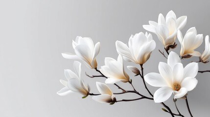 Naklejka premium A cluster of white magnolia blossoms on a soft gray background, with clean, minimalist lines