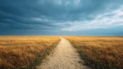 Fototapeta premium Path through golden fields under a dramatic sky, leading to the horizon