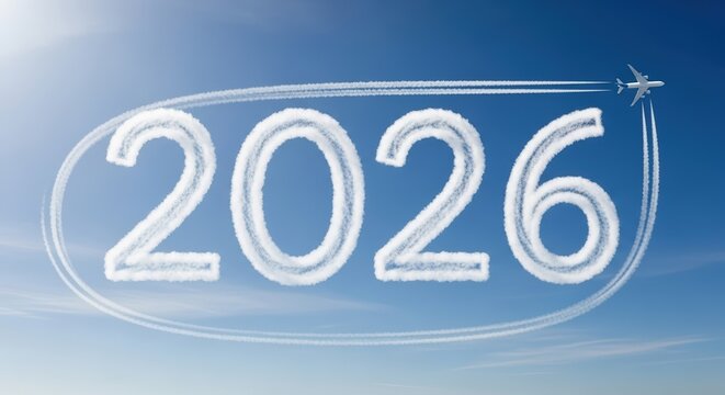 2026 text, flying plane with contrails around white cloudy numbers in blue sky. Greeting card, banner for aviation industry, stewardesses and pilots. New Year for travel agency, congrats for travelers