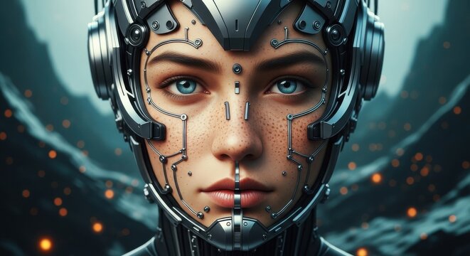 Futuristic female cyborg face with intricate metal design in a dark, glowing environment
