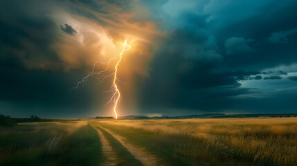 Spectacular Lightning Strike Illuminates Rural Landscape During Intense Storm Mesmerizing Natural Display
