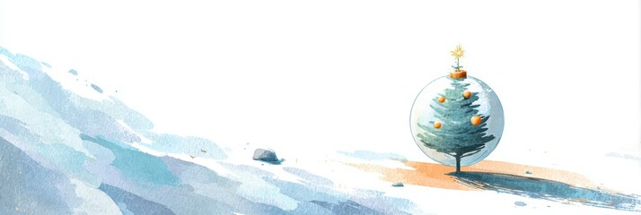 Watercolor Christmas tree in a snow globe, holiday season illustration