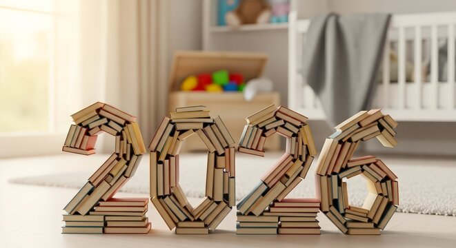 2026 numbers, made of stacks of books, kid's room on background. New Year at library and school, home-schooling. Reading and education importance for children. School and preschool, kindergartens