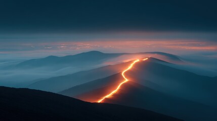 Illuminated mountain path at dusk with a glowing trail of light