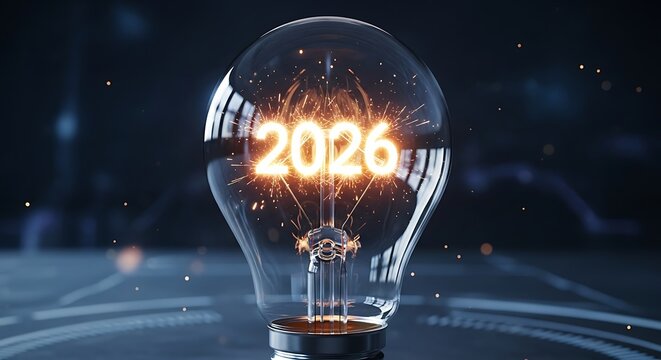Illuminated 2026 inside lightbulb, representing future innovation and ideas.